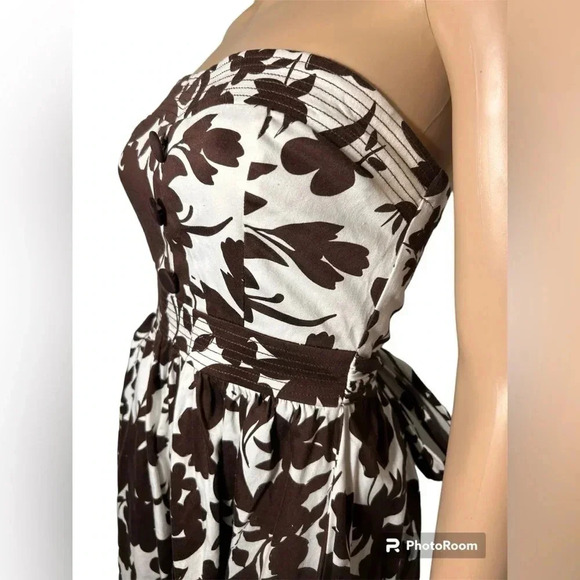 B.Smart Strapless Brown&White Floral Dress 1/2 Zip,Belted Size 6 EUC! - Picture 3 of 11